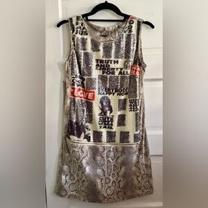 Vintage Y2K Custo Barcelona Mixed-Media Dress – Graphic Collage, Snakeskin